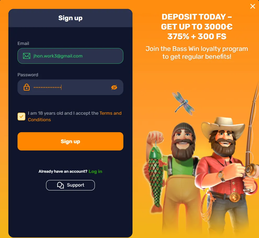Basswin Casino registration process